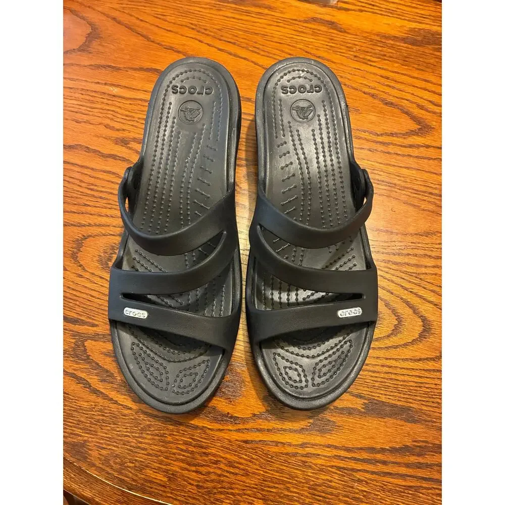 Crocs Women's Patricia Low Wedge Strappy Sandals Slip On Slide Black Size 11
